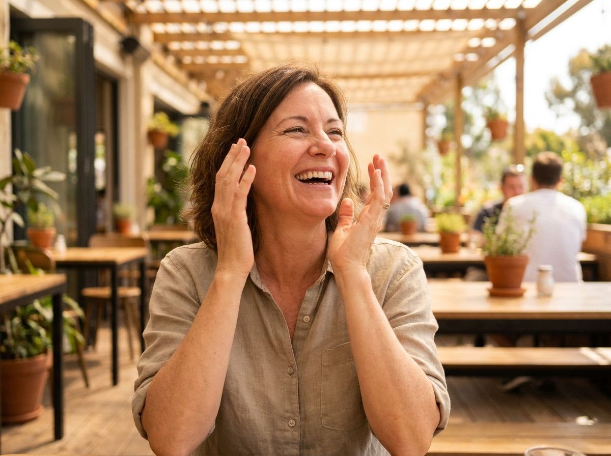 A person caught mid-laugh, head slightly tilted back, eyes crinkled with genuine amusement, hands possibly near their face in a natural gesture. The setting is bright and relaxed, suggesting a comfortable photoshoot.