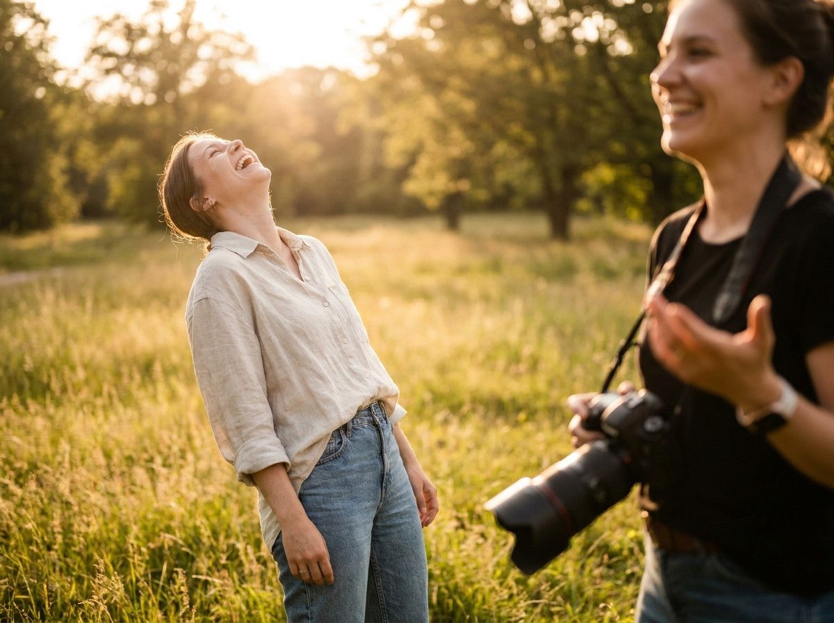 A person in comfortable, simple clothing laughing naturally during a casual outdoor photoshoot, with a professional photographer subtly guiding them. The setting is bright and relaxed.