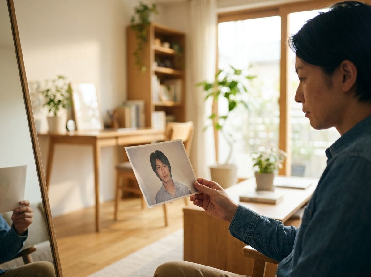 A person in their late 30s, with a thoughtful expression, holding an old, slightly faded printed photo of themselves from a few years ago. They are comparing their current appearance to the photo, noticing subtle changes. The background is a modern, unclu