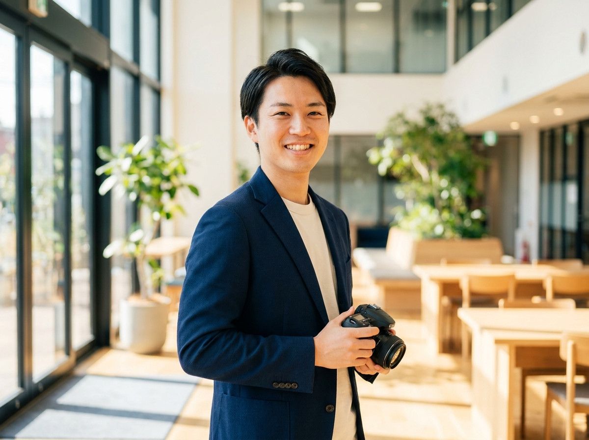 A person in their late 20s or early 30s, smiling genuinely and confidently, looking directly at the camera. The setting is a modern, bright office space or a clean, minimalist urban environment, suggesting professionalism and approachability.