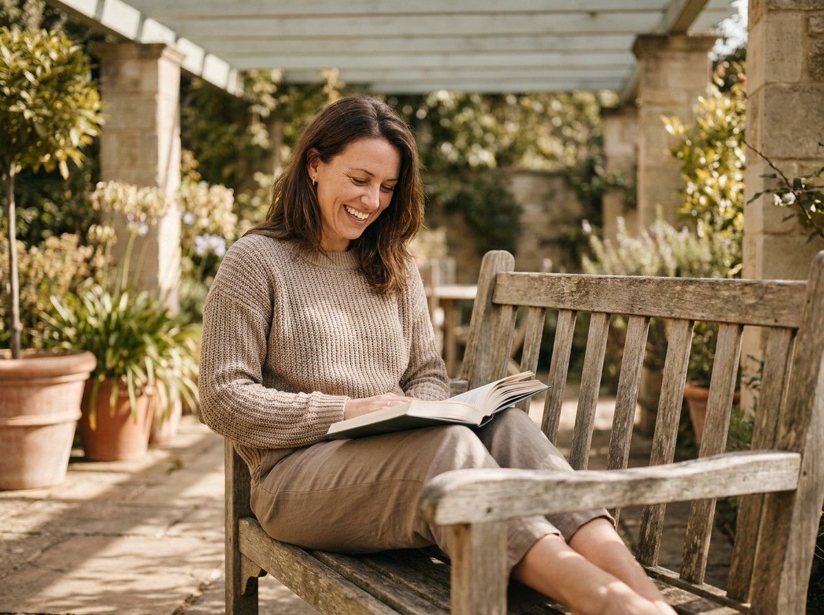 A person in comfortable, stylish clothing, sitting casually on a bench in a bright, airy setting, gently holding an open book and smiling genuinely. The focus is on their natural expression and interaction with the prop.