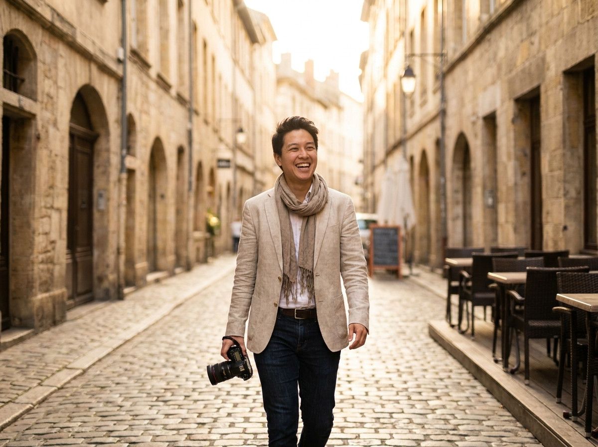 A person in comfortable, stylish travel clothes, casually walking through a charming, non-descript European street, looking relaxed and happy, with a blurred background of old buildings and cobblestones. The focus is on their natural expression and body l
