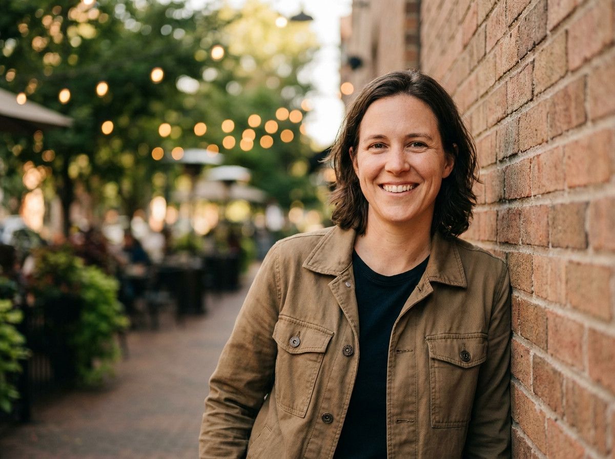 A person in their late 20s to early 40s, looking confidently and warmly at the camera, with a slight, genuine smile. The photo should be a lifestyle portrait, perhaps leaning against a wall in a stylish but casual outfit, with a blurred background to keep