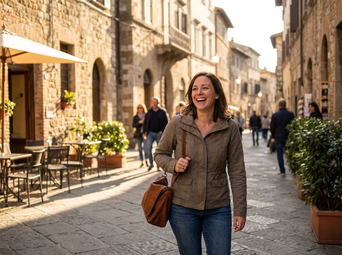 A person laughing naturally while walking through a charming, non-descript European street, captured from a slight distance to show movement and environment. The focus is on genuine joy and a relaxed demeanor, suitable for a dating profile.
