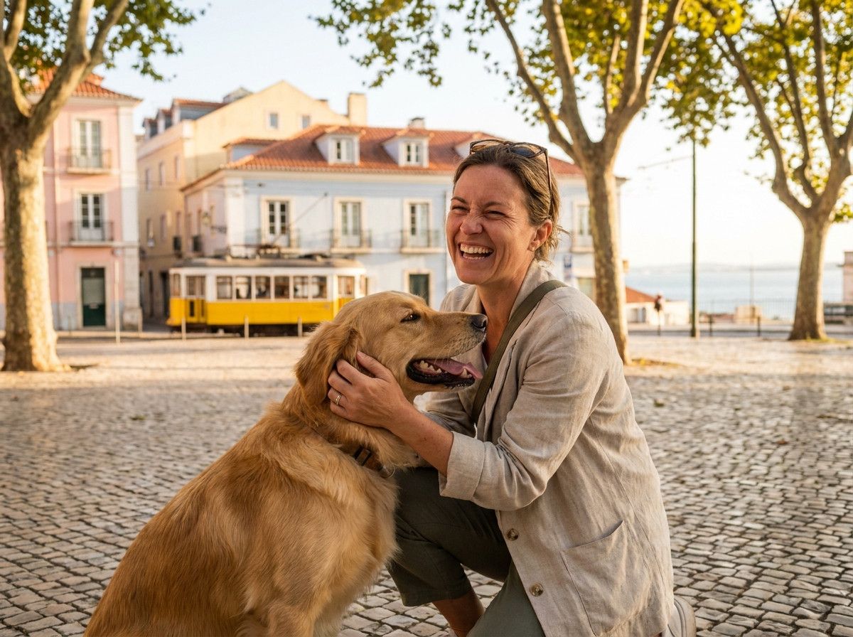 A person laughing while gently petting a happy dog, both looking relaxed and joyful in an outdoor setting in Lisbon. The image captures the genuine bond between them.
