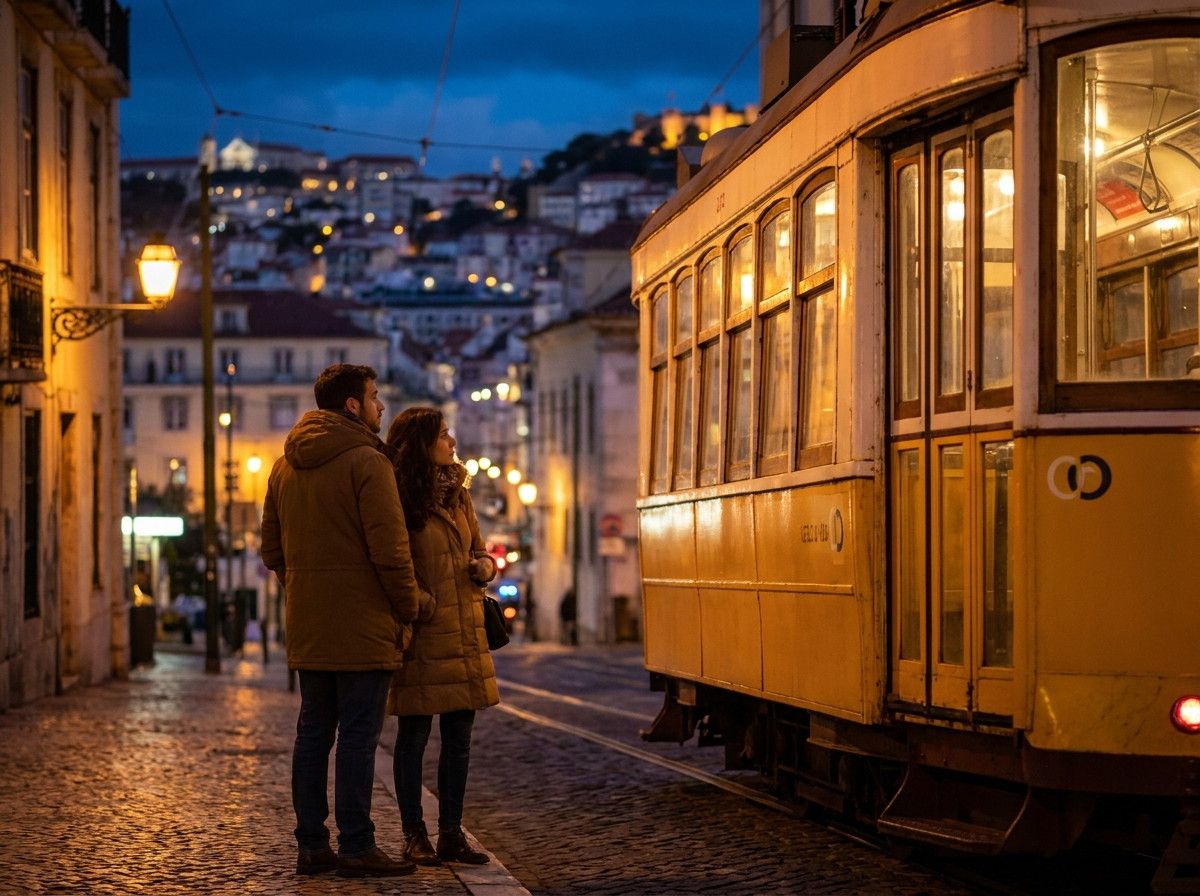 A person or couple standing near a historic yellow funicular in Lisbon at night, with city lights in the blurred background. The funicular is subtly lit, and the mood is atmospheric and slightly mysterious, capturing the essence of night photography.