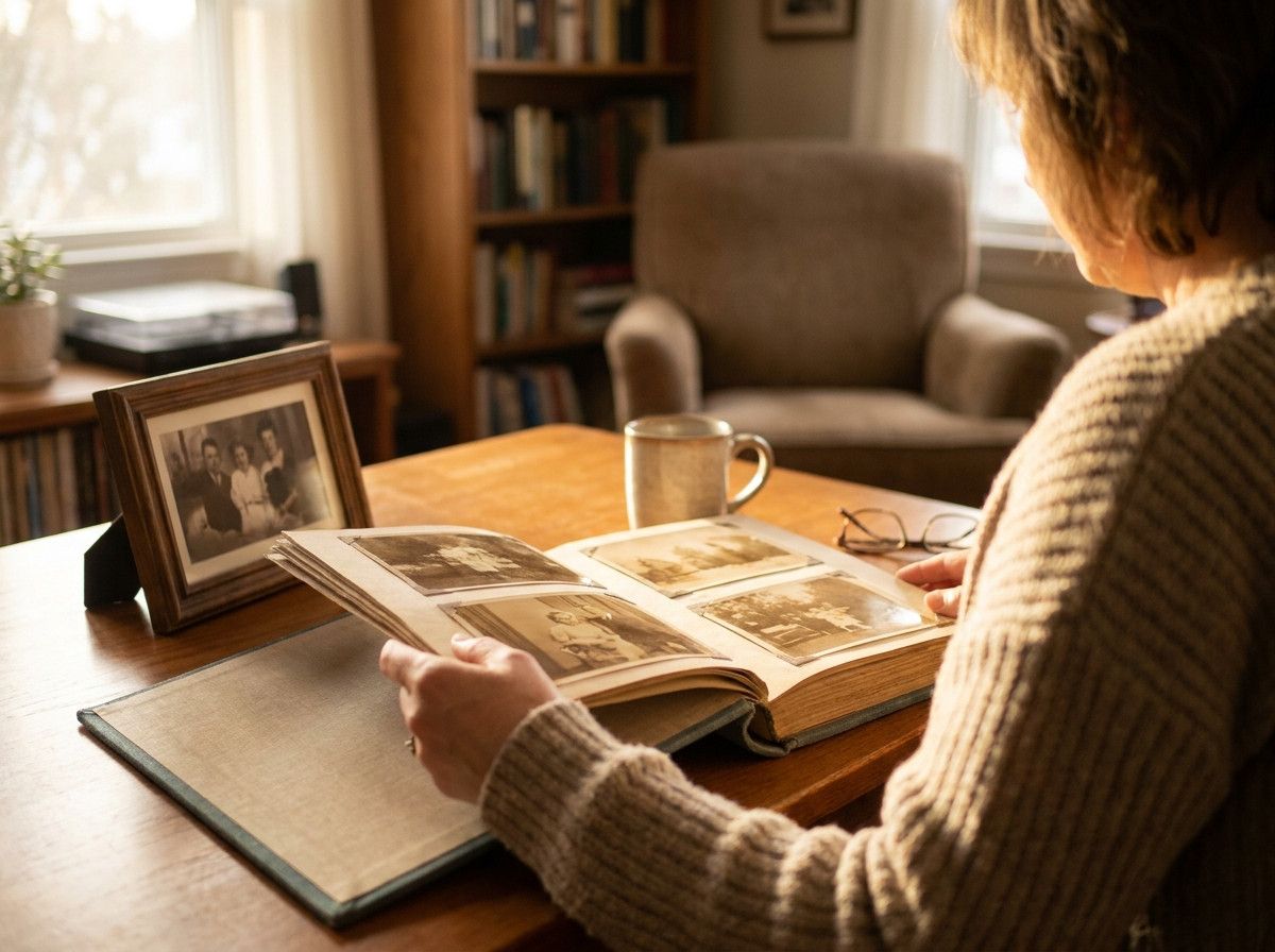 A person, seen from over the shoulder, looking at a beautifully printed photo album or a framed print on a table. Their posture suggests a sense of calm reflection and nostalgia, as if reliving a cherished memory. The setting is a cozy, well-lit home envi