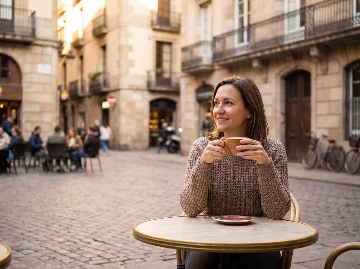 A person sitting at an outdoor cafe table in a European city, looking out thoughtfully or smiling gently, with a coffee cup in hand. The background shows blurred cafe life and charming architecture, emphasizing a relaxed, lifestyle feel.