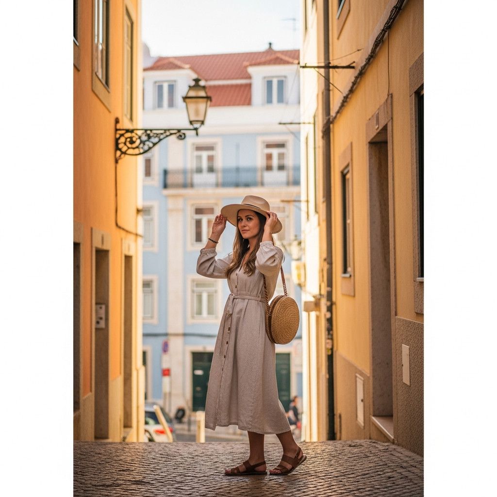 A person wearing a light-colored linen dress and a wide-brimmed hat, standing in a Lisbon alleyway with colorful buildings in the background. The outfit looks stylish yet comfortable.
