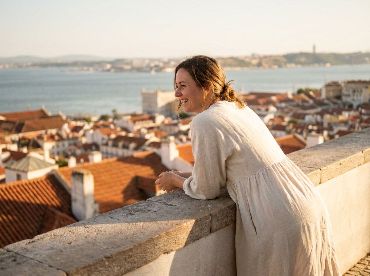 A person wearing a light, flowing linen dress, laughing gently while looking out over a scenic Lisbon viewpoint, with soft afternoon light highlighting their relaxed posture. The focus is on natural comfort and effortless style.