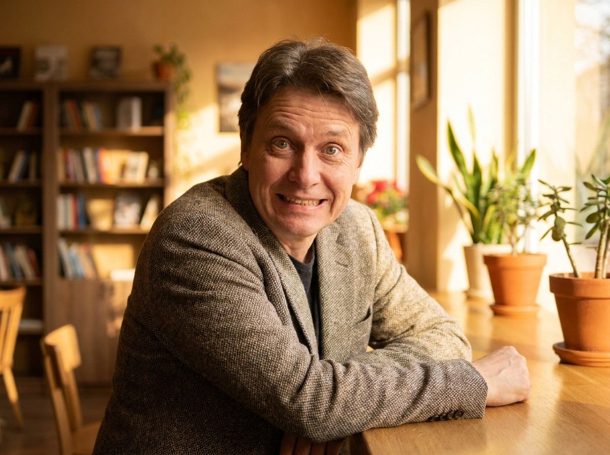 A person with a clearly forced, stiff smile looking directly at the camera, showing a lack of genuine emotion in their eyes and facial muscles. The background is soft and unobtrusive.