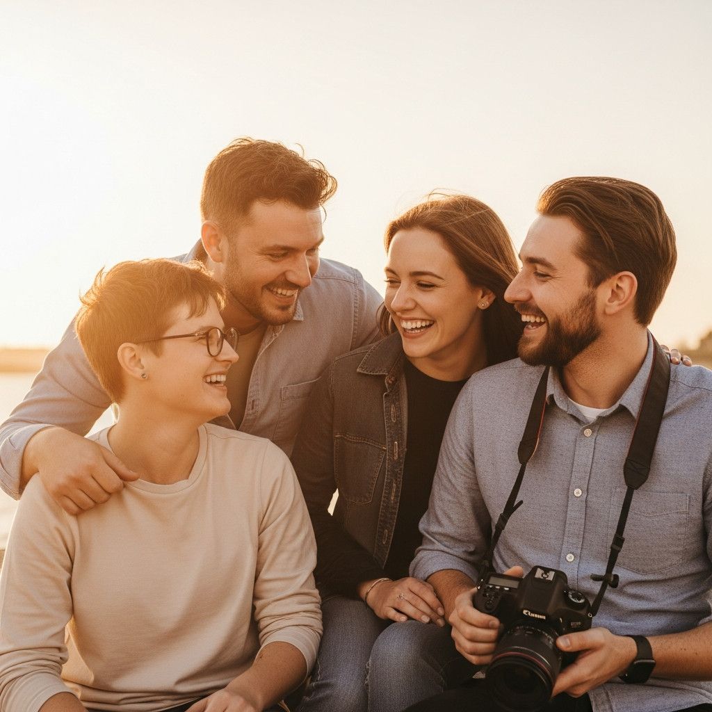 A photo of a photographer interacting with their subjects in a relaxed and friendly manner, making them laugh and feel comfortable.