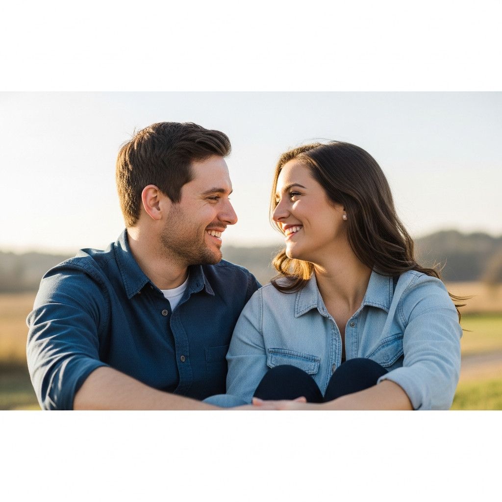 A photo of a couple sitting close together, looking at each other and smiling. The focus is on their faces and the connection between them. They should be in a natural, unposed position.