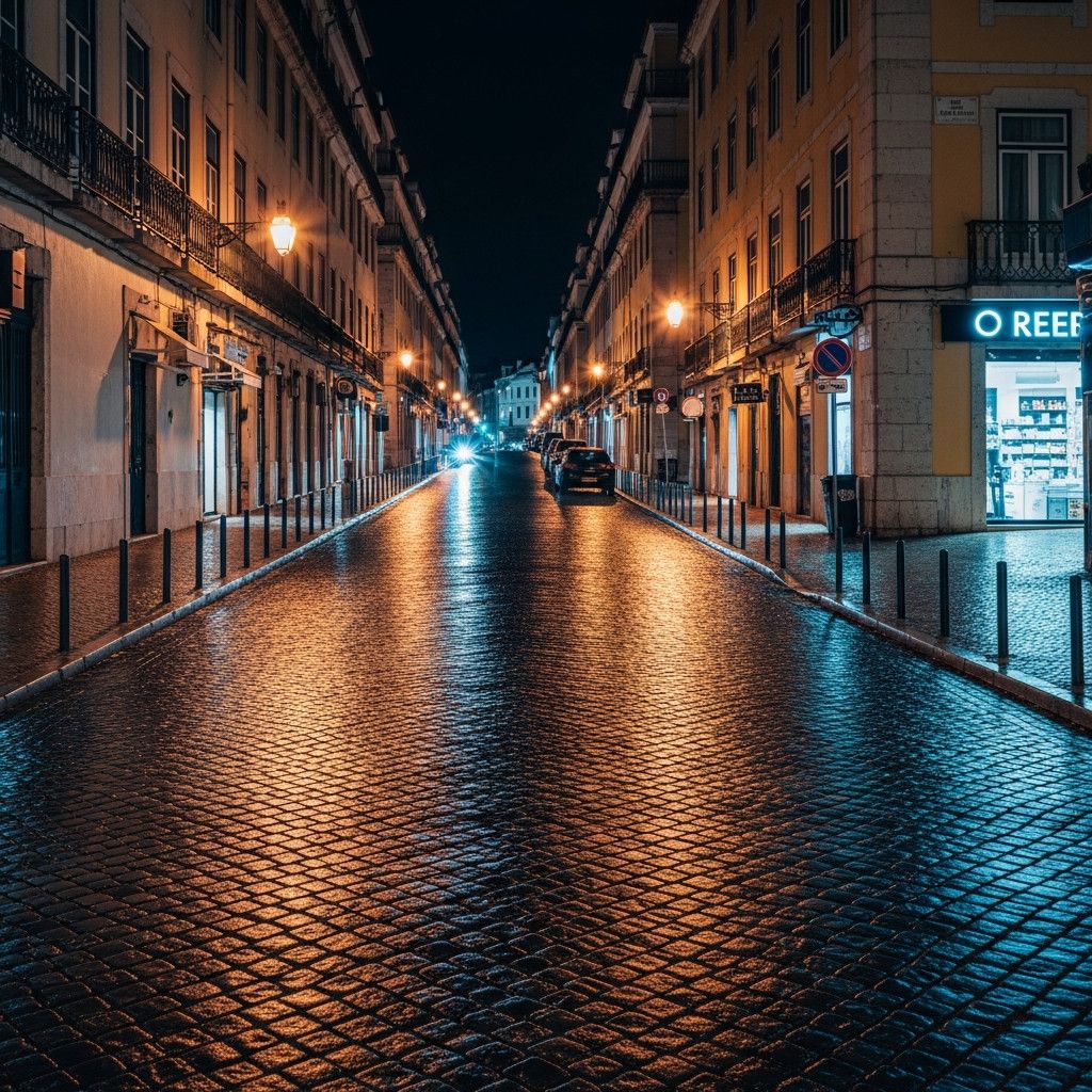 A photograph of a Lisbon street at night, with the streetlights reflecting off the wet cobblestones. The image should have a slightly moody and atmospheric feel.