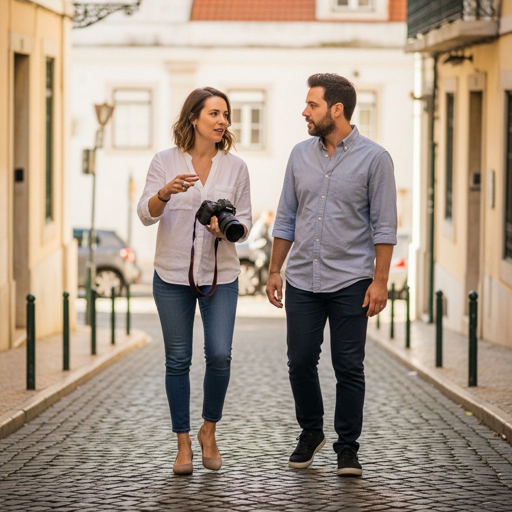 A photographer and client walking down a cobblestone street in Lisbon, discussing the best angles and lighting for a shot. The scene is candid and natural, showing the collaboration between photographer and client.