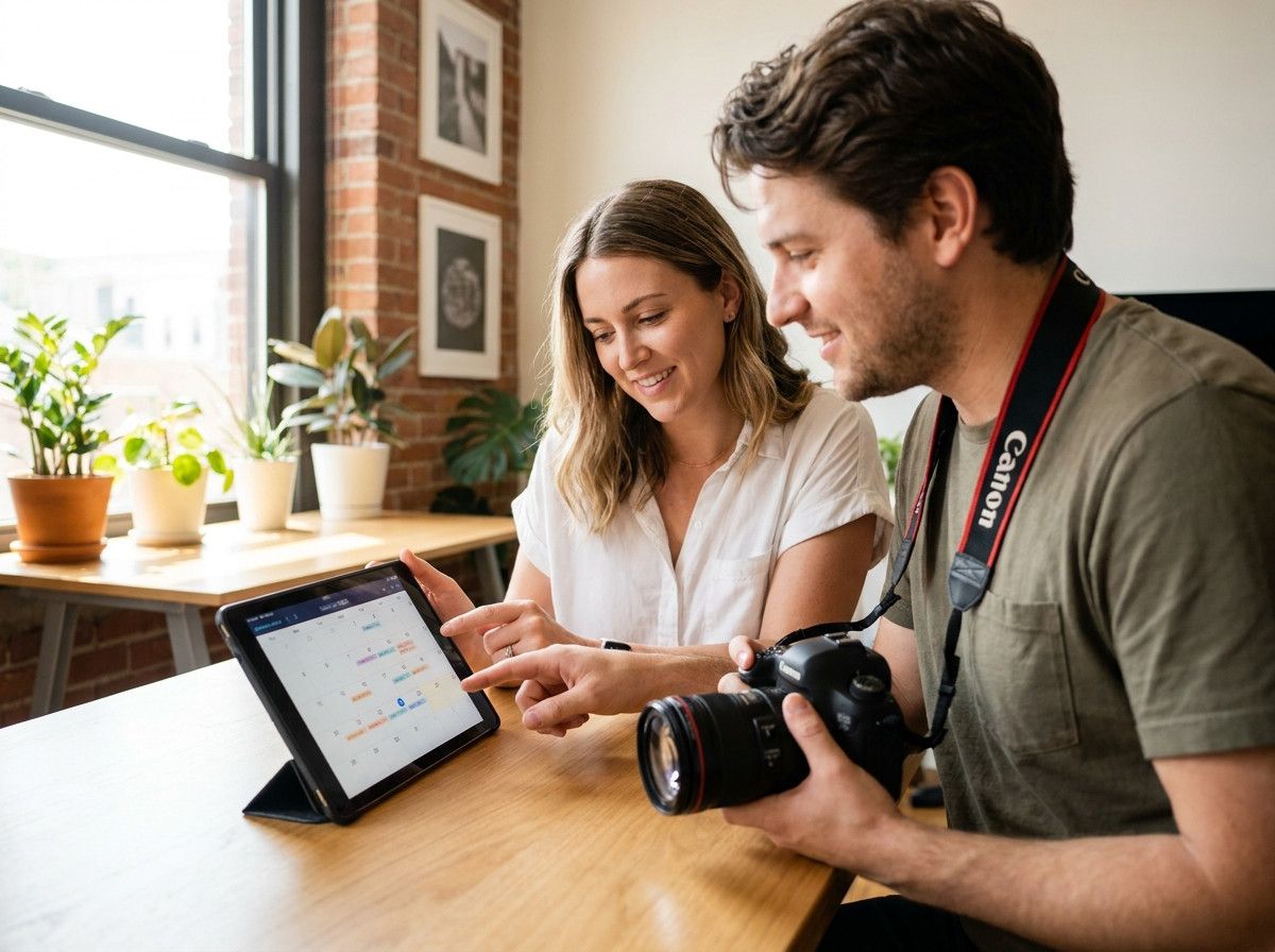 A photographer and a client looking at a digital calendar on a tablet, discussing available dates with calm and collaborative expressions. The setting is bright and professional, suggesting a comfortable consultation.