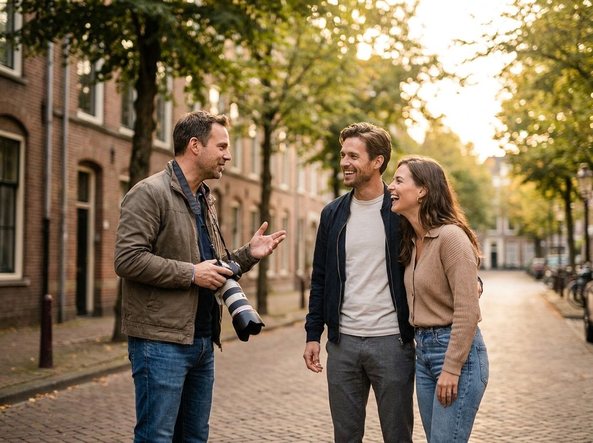 A photographer calmly interacting with a couple during a lifestyle photoshoot, guiding them naturally. The couple looks relaxed and happy, with soft natural light. The setting is a pleasant outdoor urban environment, not easily identifiable as a specific 