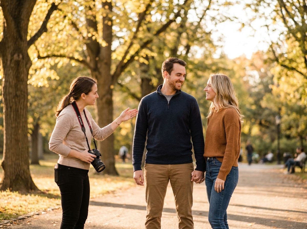 A photographer calmly interacting with a couple during a lifestyle photoshoot in a park, offering gentle guidance. The couple looks relaxed and natural, smiling genuinely. The lighting is soft and inviting.