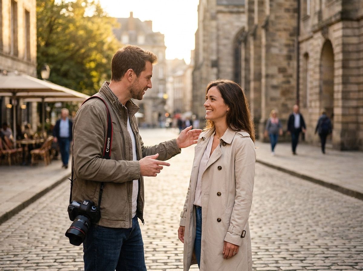 A photographer calmly interacting with a client during an outdoor photoshoot, demonstrating a comfortable pose. The client is relaxed and smiling, with a beautiful, non-specific European city backdrop in soft focus.