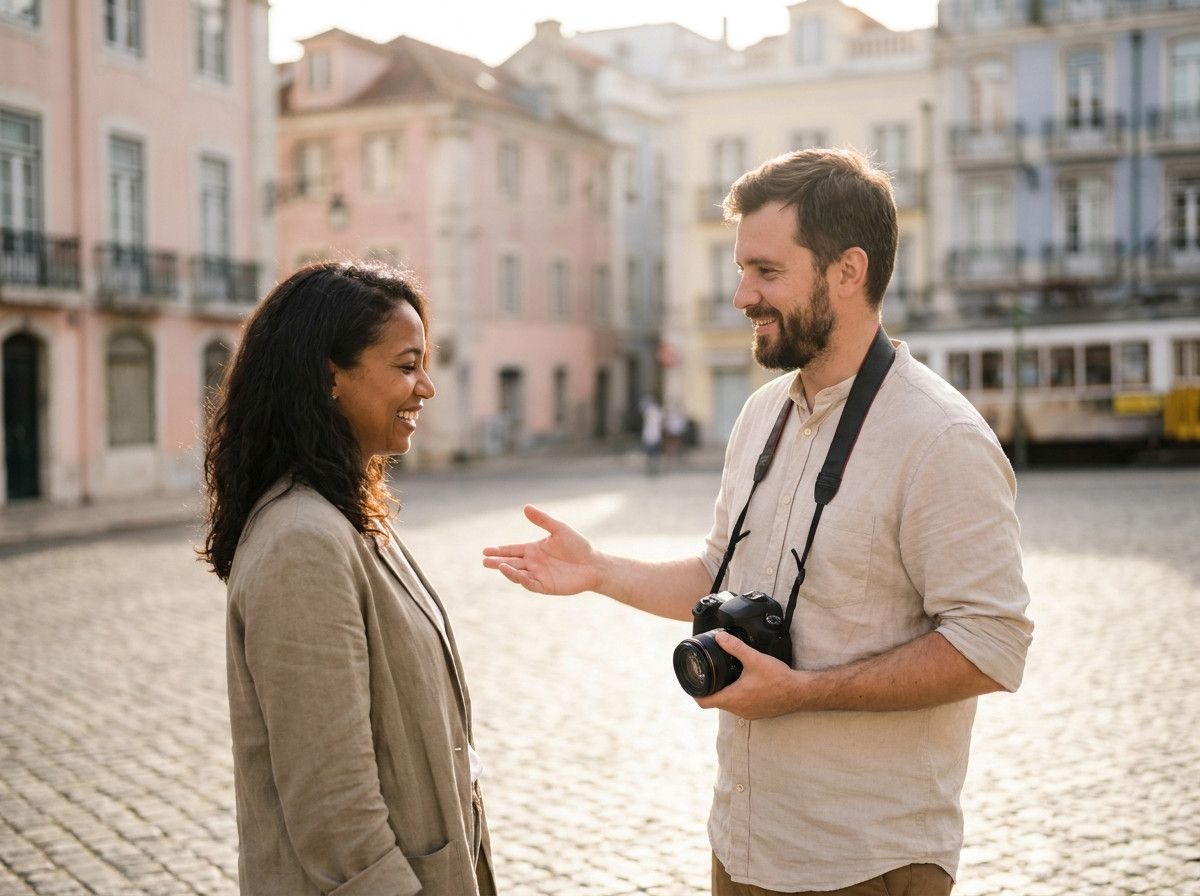 A photographer (Dimas Frolov, male, 30s-40s) calmly and attentively interacting with a client (25-40 years old, diverse ethnicity) during a photoshoot. The client looks relaxed and comfortable, perhaps smiling naturally as the photographer gives gentle di