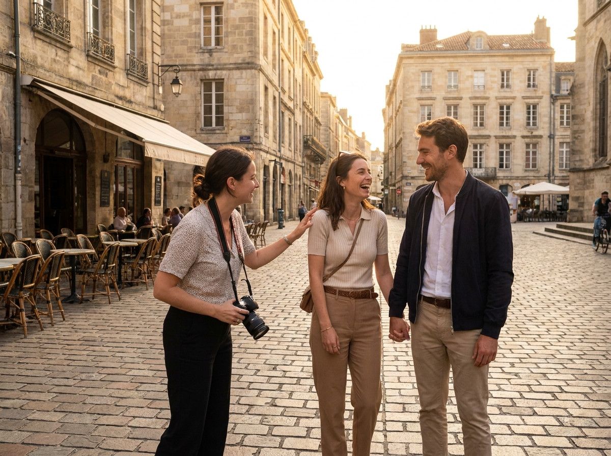 A photographer gently guiding a couple during a relaxed outdoor photoshoot in a European city, focusing on natural interaction rather than stiff posing.