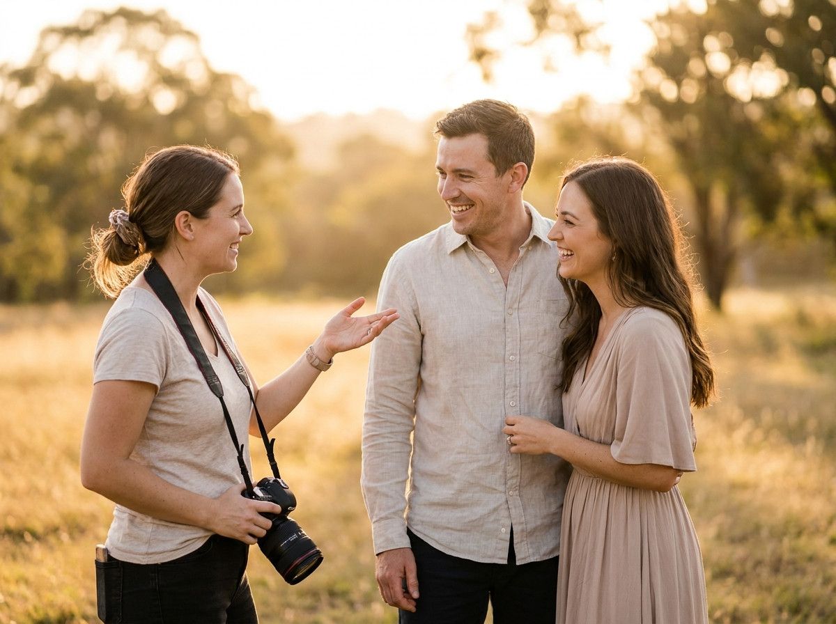 A photographer gently guiding a couple into a natural, comfortable pose, not a stiff, copied one. The couple should be smiling genuinely and looking relaxed, with soft, natural light around them.