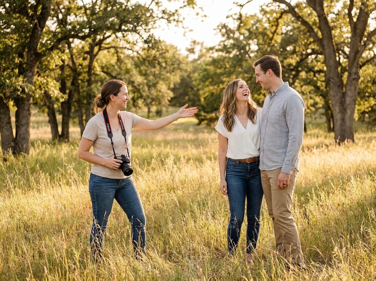 A photographer gently guiding a couple into a natural-looking pose in an outdoor setting, demonstrating subtle direction rather than rigid posing, with a focus on comfortable interaction.