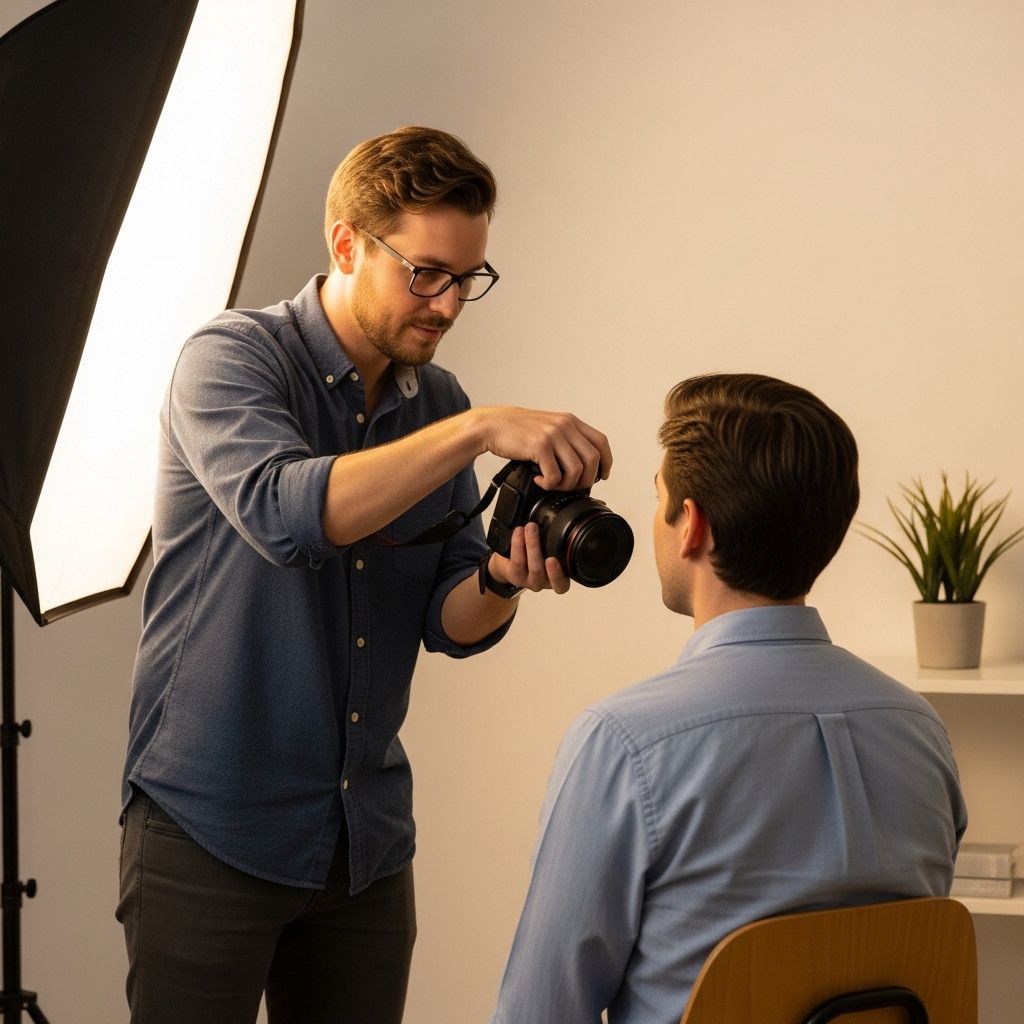A photographer giving gentle posing guidance to a client during a headshot session. The setting should be a simple studio or office environment. The focus should be on the interaction and collaboration between the photographer and the client.