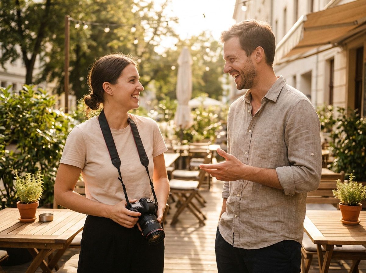 A photographer interacting with a single client, both smiling, during a relaxed photoshoot. The client is making a natural gesture, and the photographer is holding the camera down, engaged in conversation, building rapport.