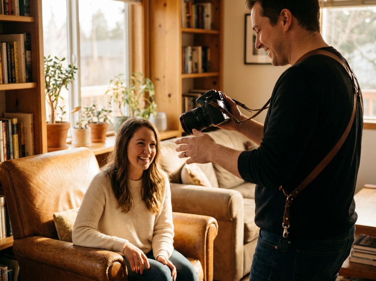 A photographer, seen from behind or from the side, subtly interacting with a client who is smiling genuinely and looking relaxed. The photographer has a calm, reassuring posture, and the overall scene conveys ease and connection during a lifestyle portrai