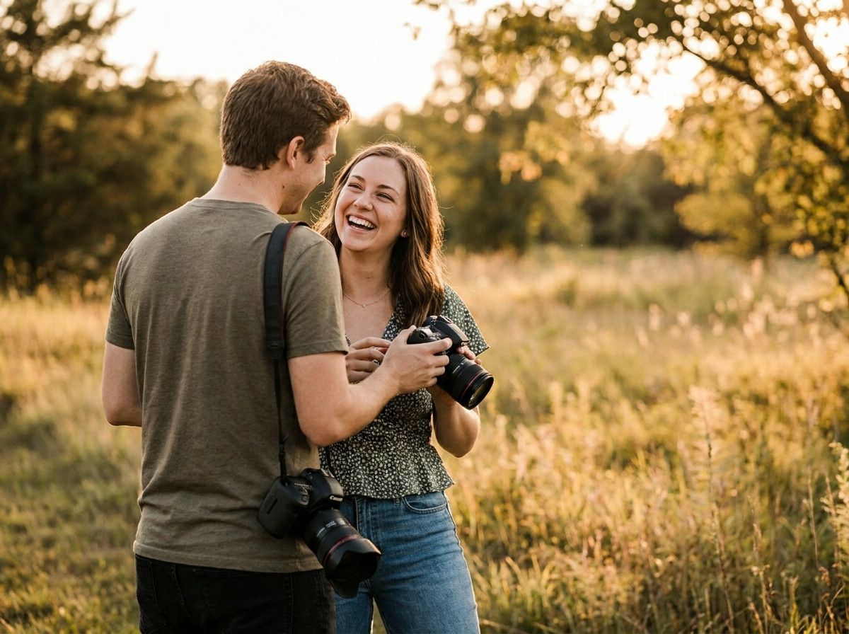 A photographer, seen from behind or from a gentle side angle, calmly interacting with a client during a photoshoot in an outdoor setting. The client is smiling naturally, indicating ease and comfort with the photographer-s presence. The focus is on the co