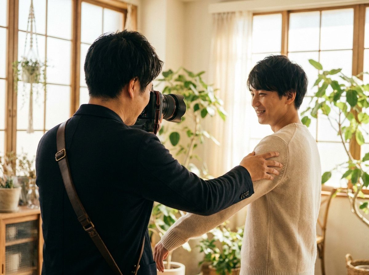 A photographer, seen from behind, gently guiding a person-s posture or hand placement during a photoshoot, with the person looking relaxed and engaged. The interaction is calm and supportive, in a bright, inviting environment.