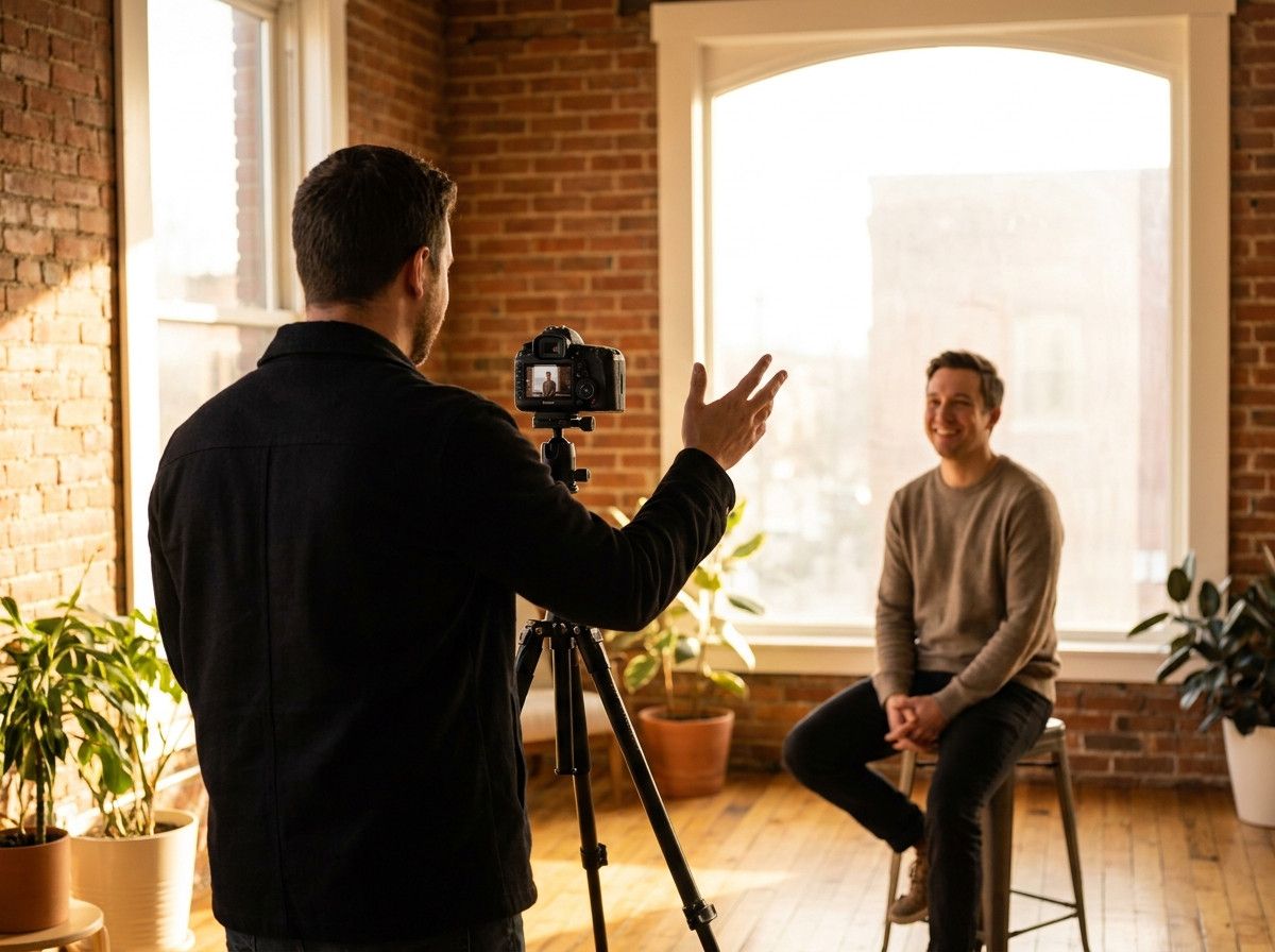 A photographer, seen from behind the camera, gently guiding a client (a person in their 30s) during a photoshoot. The client looks relaxed and is smiling naturally, suggesting a comfortable and encouraging atmosphere. The setting is an indoor studio with 