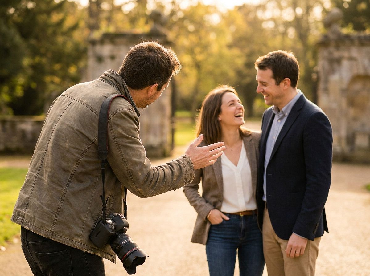 A photographer, seen from behind or the side, gently guiding a couple-s pose, with the couple looking comfortable and smiling. The focus is on the interaction and guidance, not the photographer-s face.