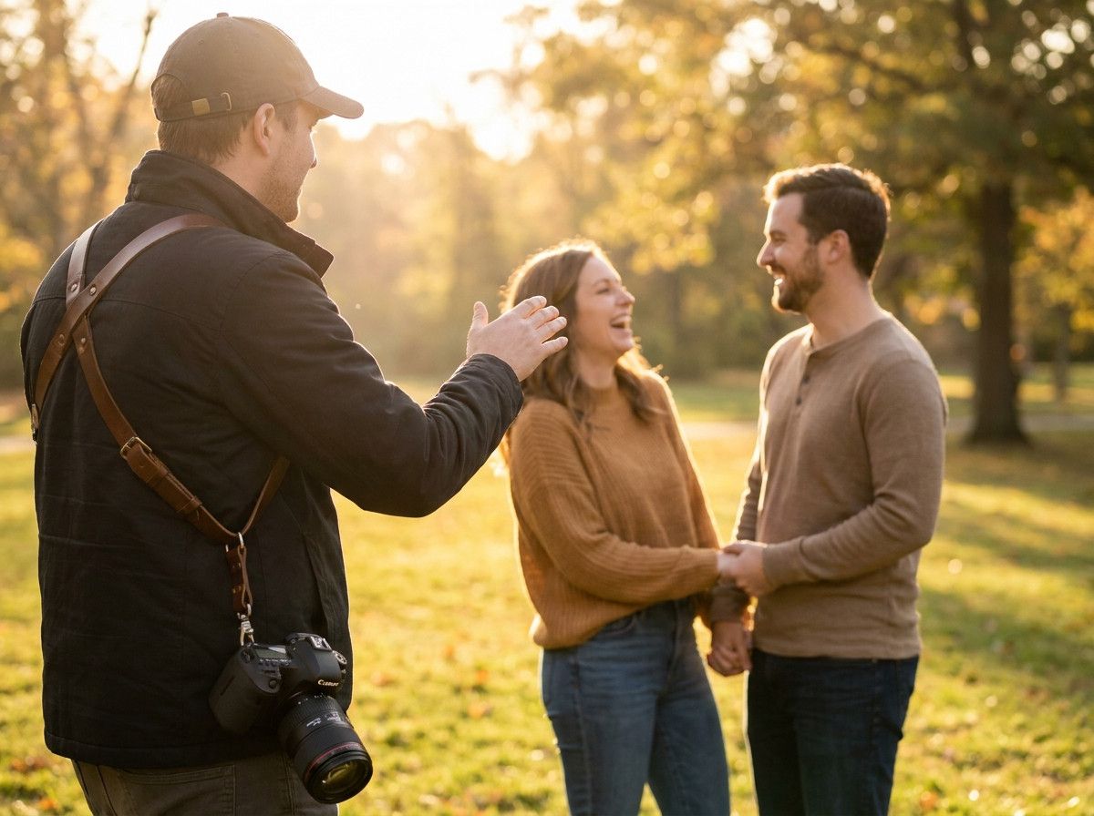 A photographer (seen from behind or side, not clearly identifiable) gently guiding a couple during a photoshoot, pointing to an interaction rather than a stiff pose. The couple looks relaxed and engaged with each other, demonstrating comfort and natural m