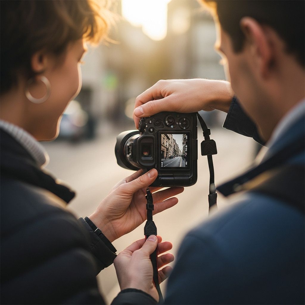 A photographer showing a picture on the camera-s display to a person on the street, seemingly asking for permission after taking their picture. The atmosphere is friendly and collaborative.