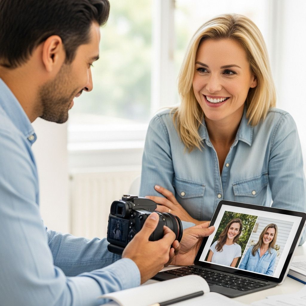 A photographer showing a client the final edited photos on a tablet or laptop during a consultation. The client should be smiling and engaged, looking pleased with the results. The setting should be a comfortable and professional environment.