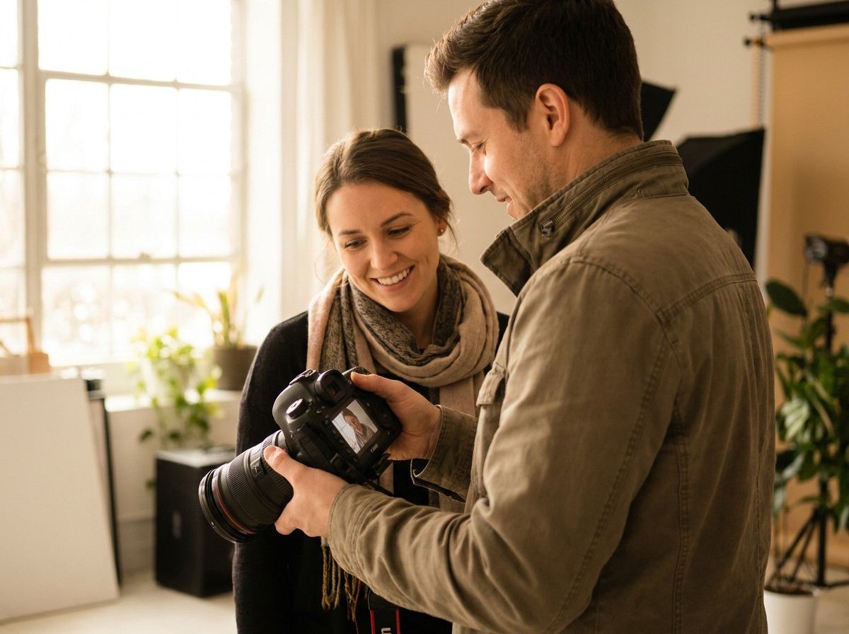 A photographer showing a client a preview of a beautiful portrait on a camera screen, with both client and photographer smiling, conveying trust and satisfaction.