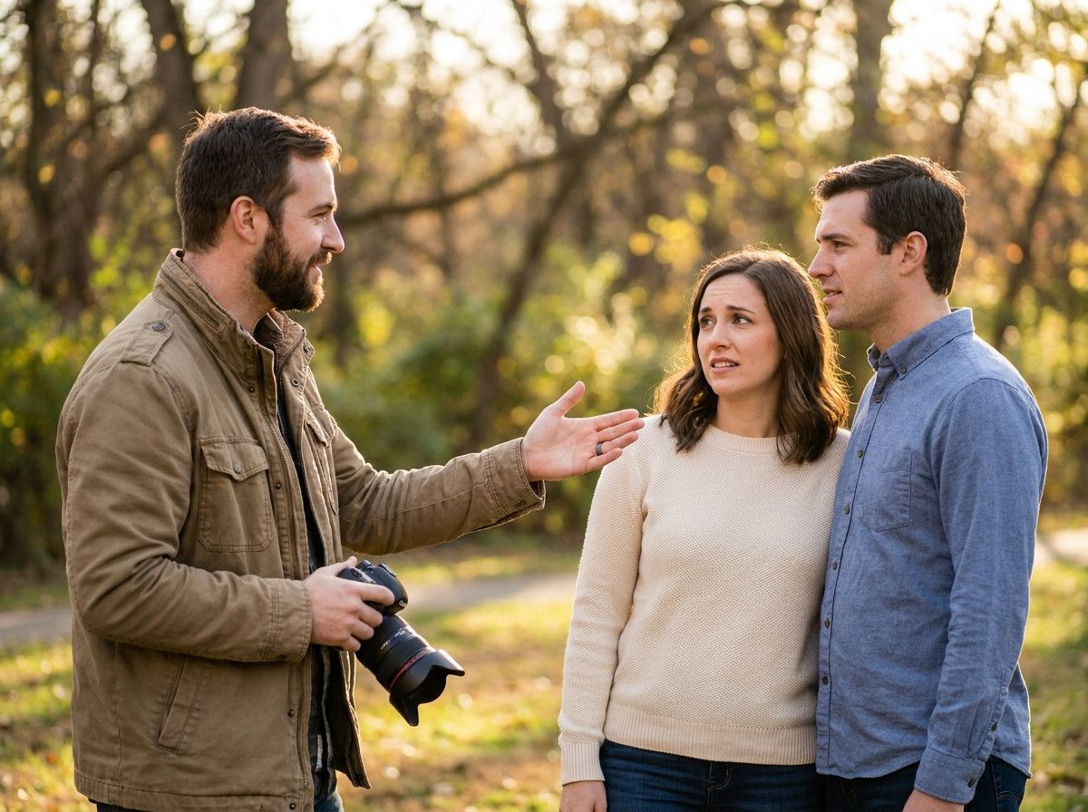 A photographer, with a calm and reassuring expression, gently guiding a couple during a photoshoot. The couple looks slightly nervous but also relieved, starting to relax into the guidance. The setting is outdoors, soft natural light.