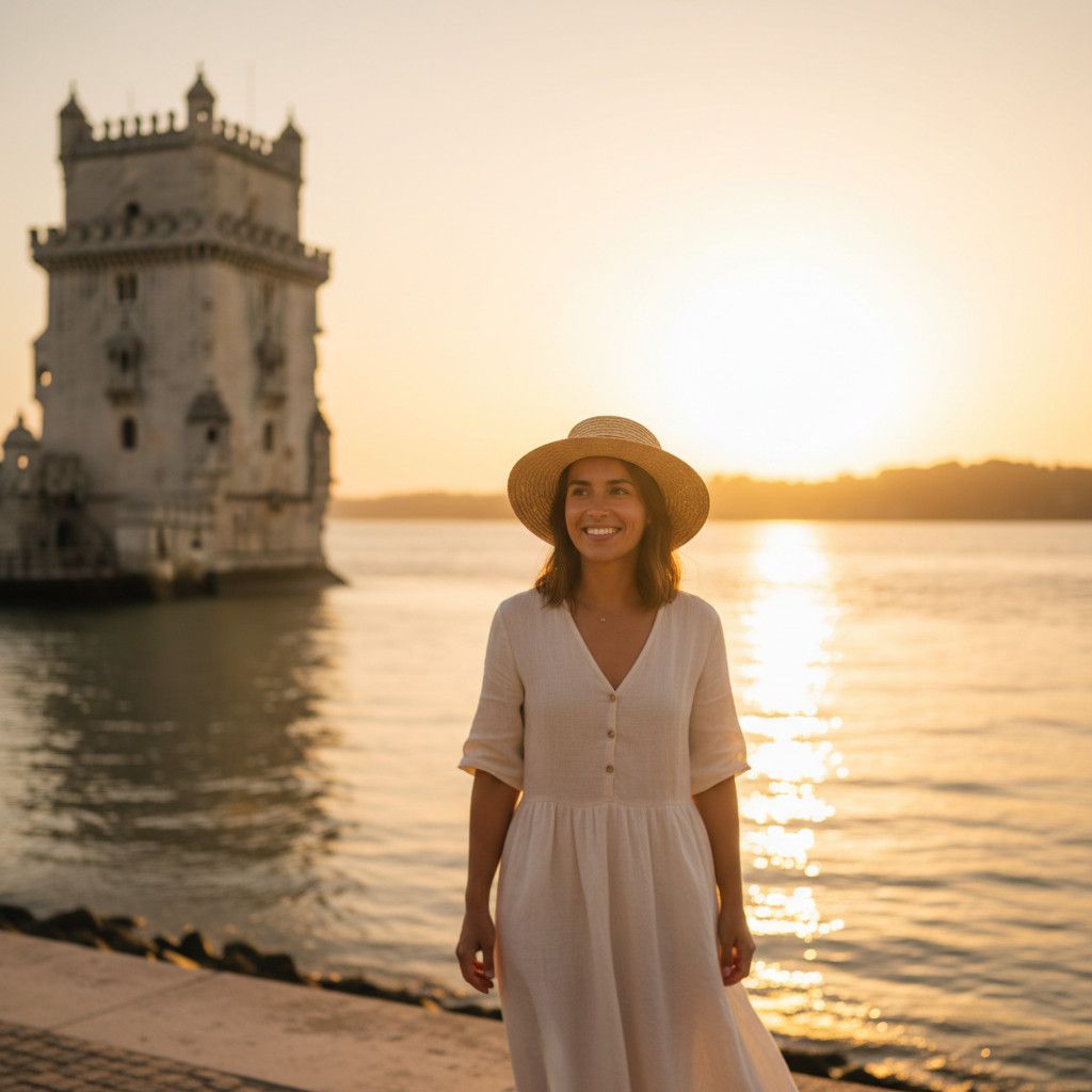 A portrait of a person standing near the Belém Tower, with the golden light of sunset reflecting off the Tagus River in the background.