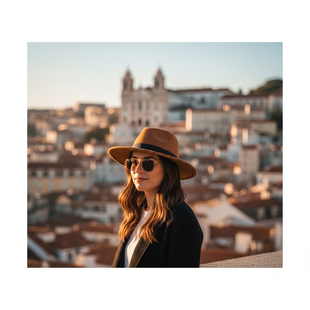 A portrait of a person standing in front of a Lisbon cityscape during the golden hour. The light is warm and golden, highlighting the person-s features and creating a soft, romantic atmosphere.