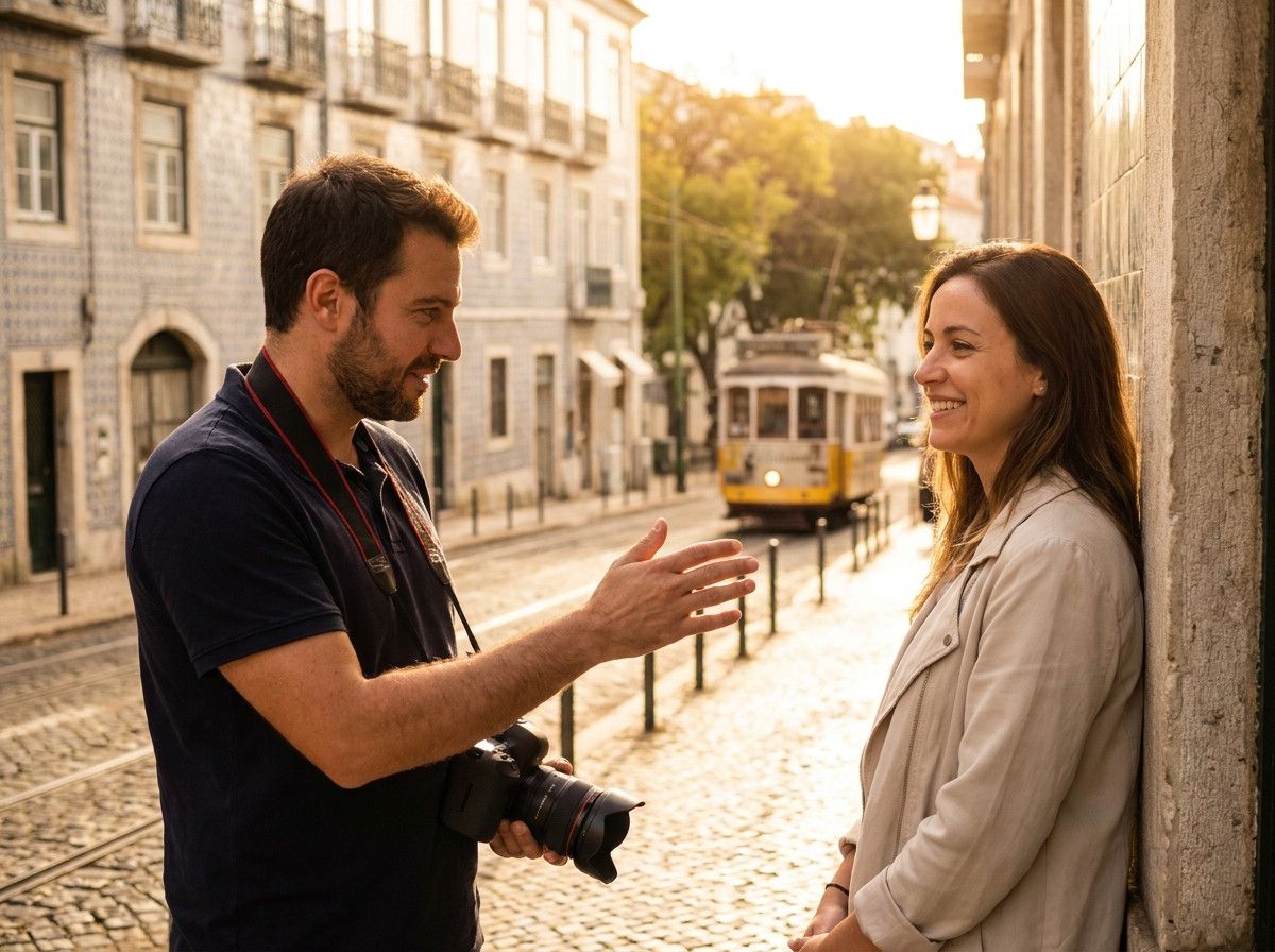 A portrait photographer calmly guiding a person during a photoshoot in an outdoor setting, with soft natural light. The person being photographed looks relaxed and comfortable, smiling gently, while the photographer gestures subtly with their hands, demon