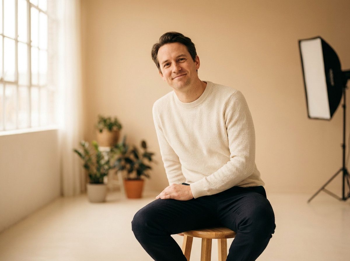 A portrait photoshoot taking place in a minimalist studio setting. The subject is a person in their 30s, looking relaxed and natural, with soft, controlled studio lighting highlighting their features. The background is simple and uncluttered, perhaps a so