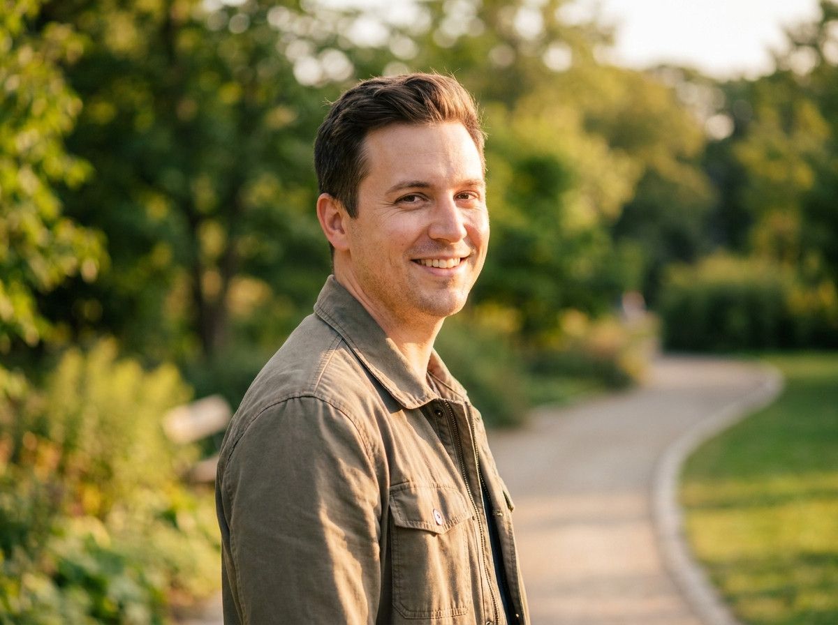 A portrait photoshoot happening outdoors in a pleasant urban park. The subject is a person in their late 20s or early 30s, smiling naturally, with soft natural light illuminating them and a slightly blurred green background of trees and foliage.