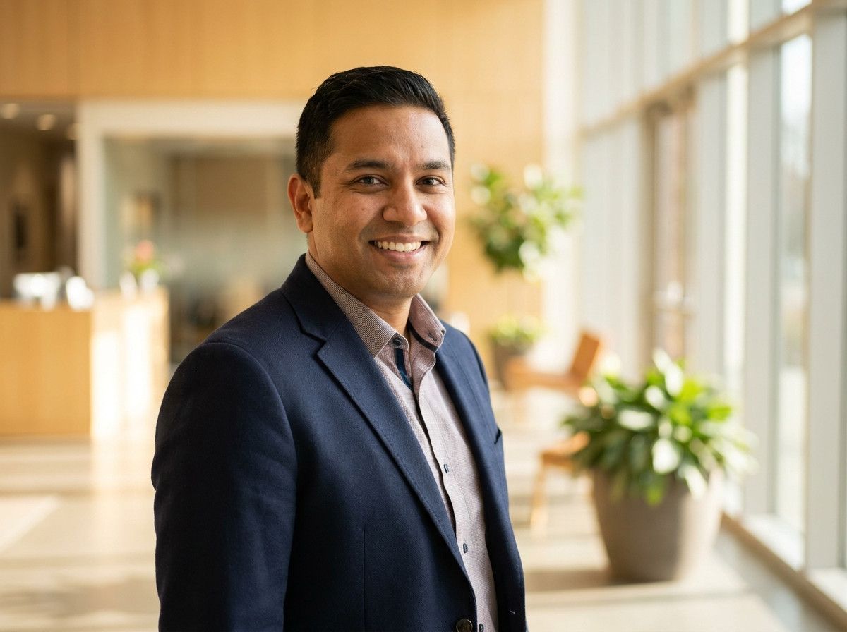 A professional headshot of a person (25-40 years old, diverse ethnicity) in smart business casual attire, looking confidently at the camera with a warm, approachable smile. The background is a slightly blurred, modern office interior or a clean, neutral w