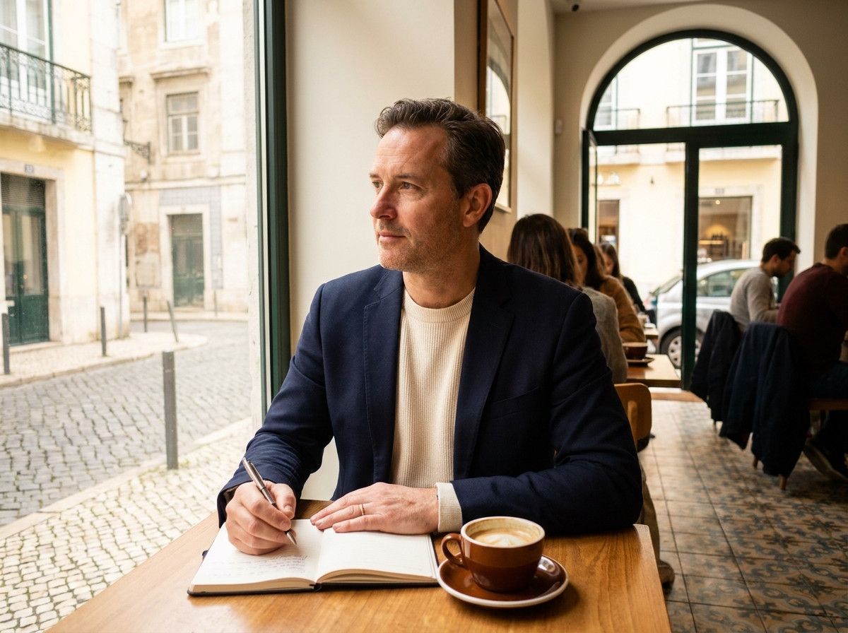 A professional man in a stylish, modern cafe in Lisbon, engaged in a thoughtful moment, perhaps with a notebook or coffee, captured in a natural, unposed manner. The setting is elegant but not overly formal.