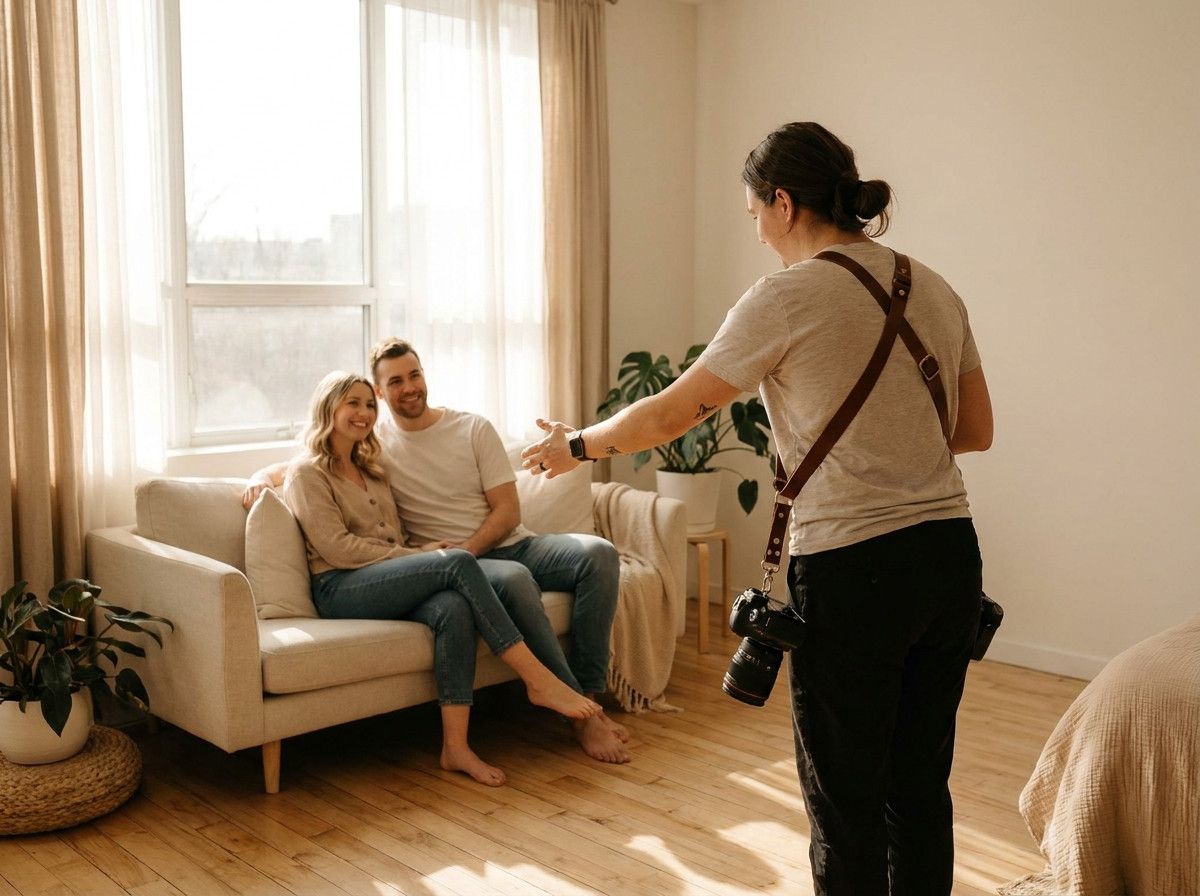 A professional photographer calmly guiding a couple during an indoor photoshoot in a naturally lit, minimalist space, demonstrating ease and comfort despite being indoors.