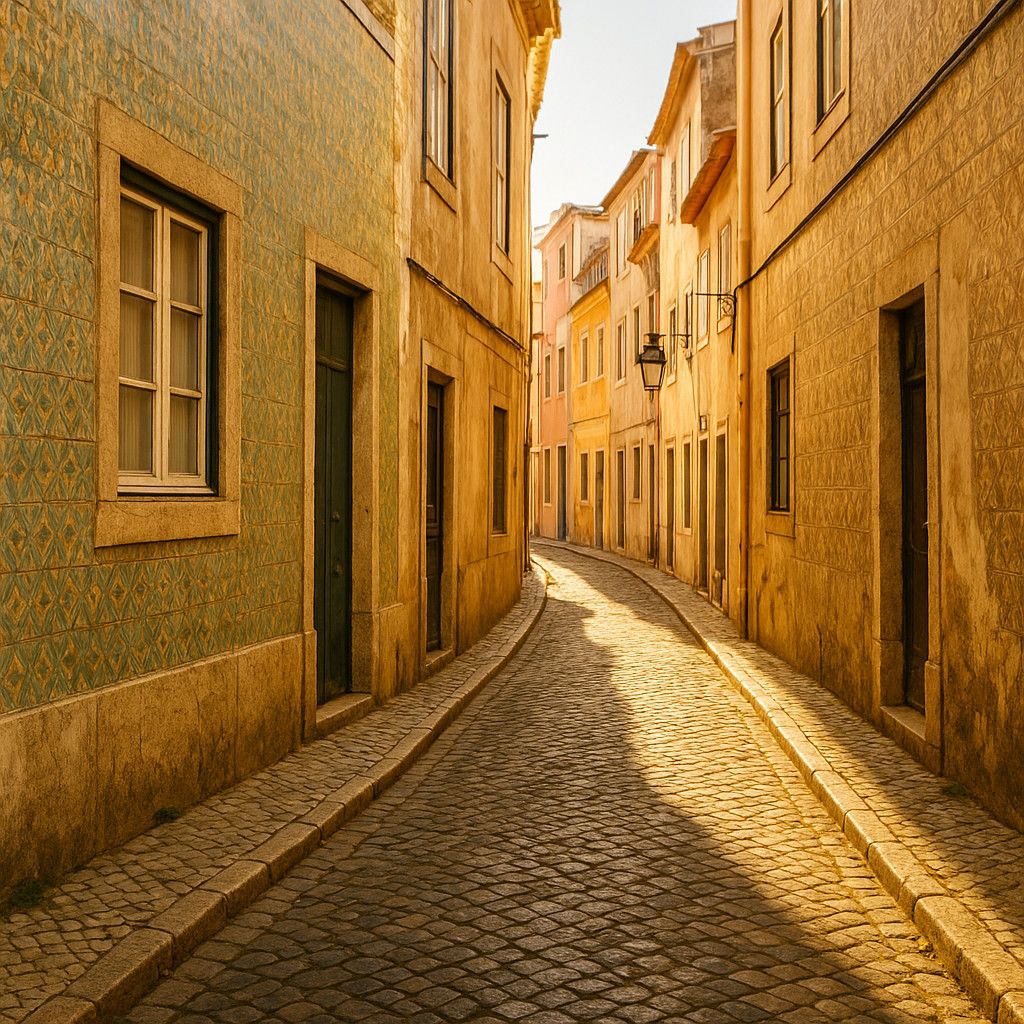 A quiet, narrow Lisbon alleyway with weathered pastel ceramic tile walls, warm afternoon shadows falling across ancient cobblestones with no people visible