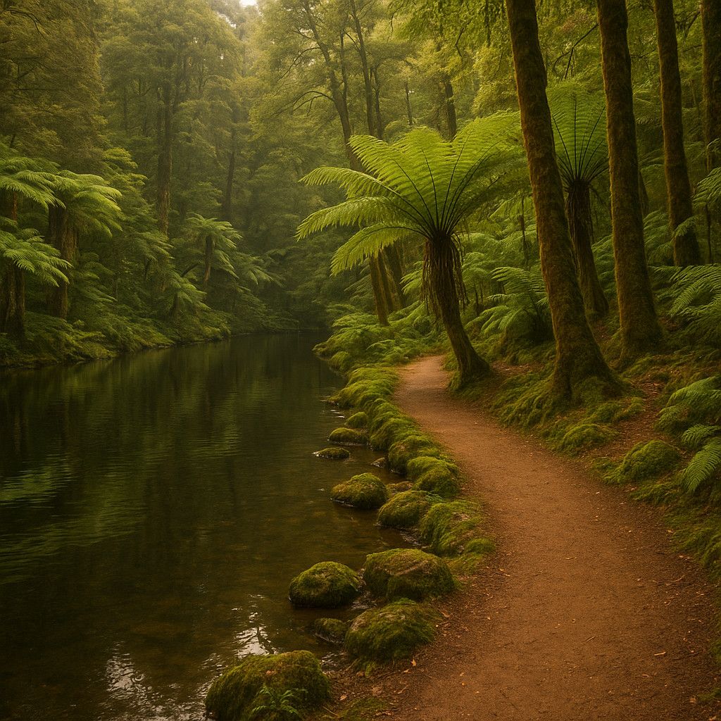 A quiet walking path beside a dark, still woodland lake surrounded by dense tree ferns, tall mossy trunks, and damp stone banks under diffused mountain light