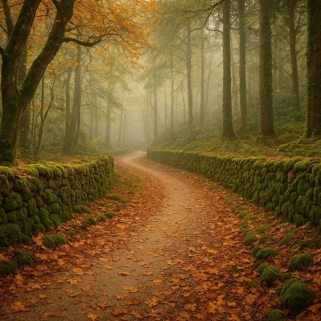 A quiet, winding forest path in Sintra covered in golden and amber fallen leaves, flanked by ancient stone walls covered in rich green moss with morning mist filtering through tall trees